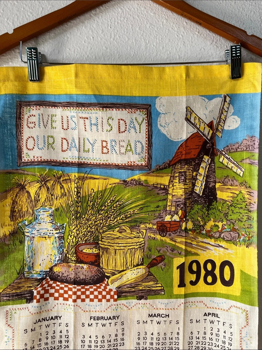 Vintage Tea Towel Fabric Wall Hanging 1980 Yearly Calendar Daily Bread